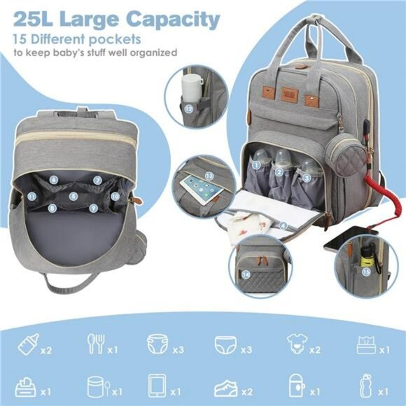 Large diaper bag backpack with changing station waterproof travel baby bag grey